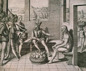 Spanische Eroberer treffen einheimische Frauen in Amerika