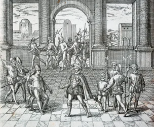 Der Inka-König Atahualpa wird von Spaniern in Cajamarca gefangen genommen, Illustration aus der amerikanischen Geschichte