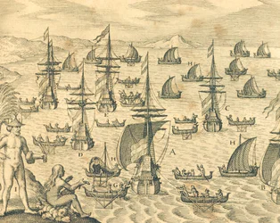 Die Insel der Diebe, Gravur aus der amerikanischen Geschichte von Theodore de Bry, Nordamerika 17. Jahrhundert