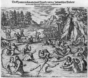 Die Spanier misshandeln die Indianerinnen nach der Gefangennahme König Atahualpas (ca. 1502-33) im Jahr 1532