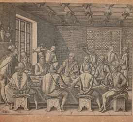 Das Ei des Kolumbus, Gravur von Theodor de Bry aus Americae pars quarta, von Girolamo Benzoni