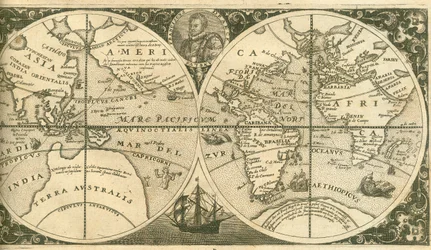 Titelseite von Americae Pars VIII mit einem Porträt von Francis Drake und seinem Schiff, der Golden Hind