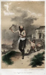 Die Geißler von Coimbra: Die Jesuiten von Coimbra in Portugal büßen öffentlich für ihre Sünden durch Auspeitschung um 1560. Gravur von 1845 in „Die dramatische und malerische Geschichte der Jesuiten von der Gründung des Ordens bis heute“