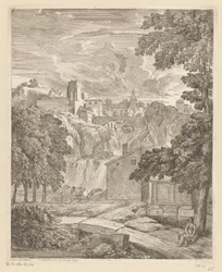 Arkadische Landschaft mit einem Wasserfall und einer Frau unter einem Baum