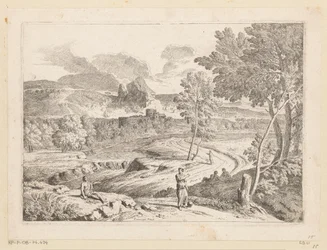 Arkadische Landschaft mit Figuren entlang eines Pfades an einem Strom