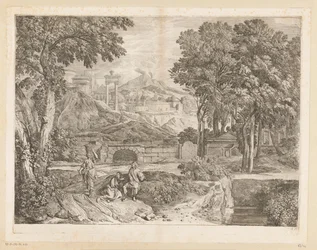 Arkadische Landschaft mit zwei Männern und einer Frau mit Früchten