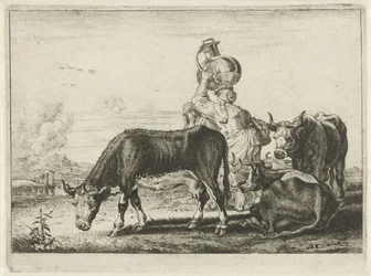 Kühe und zwei Milchmädchen