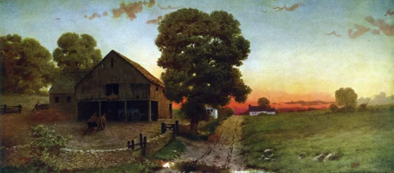 Ein Sonnenuntergang in New Hampshire, ca. 1910. Nach Thomas Moran (1837-1926), englisch-amerikanischer Künstler. Vereinigte Staaten Landschaft Weide Hof Scheune Karren Baum Himmel Abend