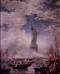 Enthüllung der Freiheitsstatue im New Yorker Hafen, 28. Oktober 1886 (Farblithografie)