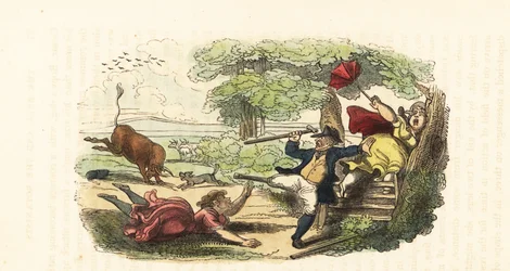 Eine Familie von Botanikern wird von einem angreifenden Stier auf einem Feld angegriffen (1831) (Gravur)