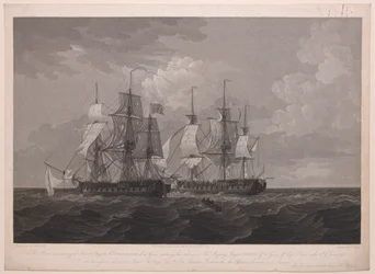 Diese Platte zeigt die französische Fregatte La Proserpine mit 40 Kanonen, die ihre Farben vor der Fregatte Seiner Majestät Dryad mit 36 Kanonen vor Cape Clear am 13. Juni 1796 streicht... gewidmet Kapitän... Lord Amelius Beauclerk...