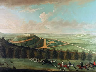 Ansicht von Belvoir Castle von Südwesten, mit Belvoir Hunt in voller Jagd, 1730