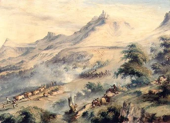 Eine Patrouille unter dem Kommando von Captain Fisher, angegriffen von Macomas Kaffern in Van Beulens Hoek Kat River, ca. 1846