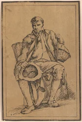 Vierzig lithografische Eindrücke von Landschaftszeichnungen von Thomas Barker, ausgewählt aus seinen Studien rustikaler Figuren nach der Natur: [Sitzender Mann mit Körben, der Hut und Spazierstock hält]