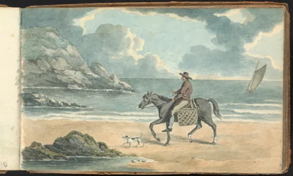 Album mit Landschafts- und Figurenstudien: Mann reitet ein Pferd am Strand