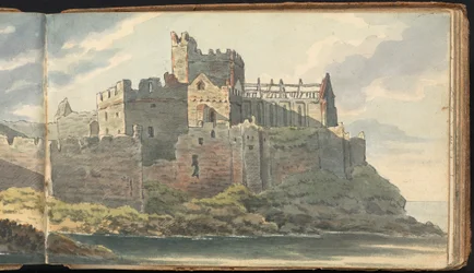 Album mit Landschafts- und Figurenstudien: Ruinen einer Burg an einer felsigen Küste