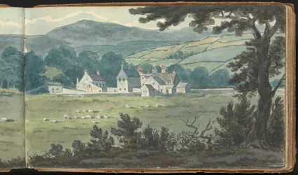 Album mit Landschafts- und Figurenstudien: Ländliche Landschaftsszene mit Bauernhof und weidenden Schafen