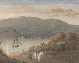 Port Louis von La Petite Montagne (Dämmerung) mit einem Reiter und Figuren im Vordergrund