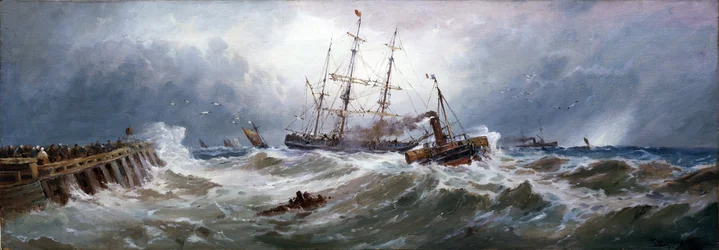 Ein französisches Schlepperboot zieht ein Boot im Hafen von Boulogne (Frankreich), bei schwierigen Seeverhältnissen
