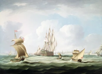 Ein Erstklassiges Schiff mit einem Vizeadmiral der Weißen Flotte und anderen Schiffen in der Bucht von Cadiz