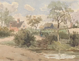 Landschaft mit Landhaus, Windmühle, Scheunen und Figuren mit Teich im Vordergrund