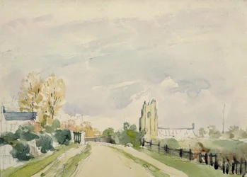 Landschaft in Suffolk, eine breite Straße mit einem kleinen Haus, einer Kirche und Bäumen