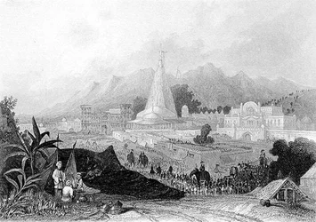 Der große Tempel, Hurdwar, mit Prozession hinduistischer Pilger, graviert von W. Finden, aus 