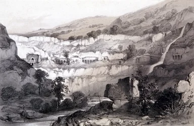 Ansicht der Höhlen, Ajunta, Indien, 1844