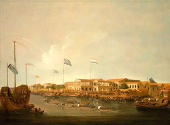Die Hongs in Kanton von Südosten, mit einer Regatta auf dem Perlfluss