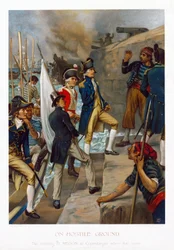 In einem feindlichen Land. Die Landung von Horatio Nelson (1758-1805) in Kopenhagen (Dänemark) nach der Schlacht (1801). Chromolithographie, ca. 1897, von Thomas Davidson (aktiv 1863-1903).
