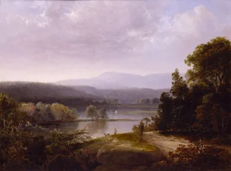 Flussansicht mit Jägern und Hunden, ca. 1850
