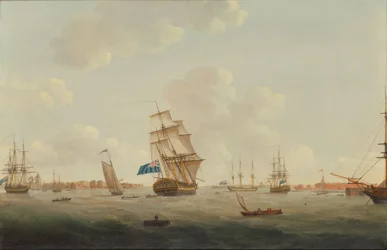 Ein Panorama des Hafens von Portsmouth mit Kriegsschiffen und anderen Schiffen