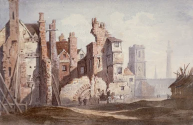 Abriss alter Häuser in der Nähe von Walbrook für die King William Street, City of London, 1834
