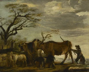 Ein Bauer treibt Rinder, Schafe und Ziegen in einer Landschaft, ca. 1785