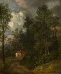 Eine bewaldete Landschaft mit Figuren bei einem Haus, ca. 1752