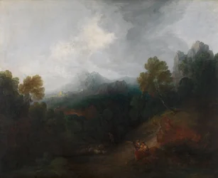 Bergtal mit Figuren und entferntem Dorf