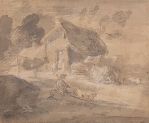Offene Landschaft mit Figuren, Kühen und Hütte
