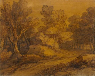Szene mit einer Straße, die durch einen Wald führt