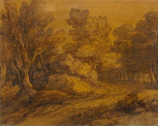Szene mit einer Straße, die durch einen Wald führt, ca. 1770