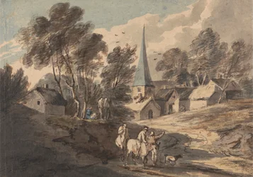 Reisende zu Pferd nähern sich einem Dorf mit einem Kirchturm