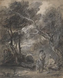 Bewaldete Landschaft mit Figuren