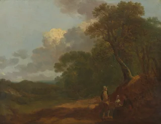 Bewaldete Landschaft mit einem Mann, der mit zwei sitzenden Frauen spricht