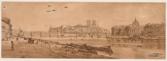 Eine Auswahl von zwanzig der malerischsten Ansichten in Paris: Ansicht des Pont Neuf, eines Teils des Louvre, von Notre-Dame und des Collège des Quatre-Nations