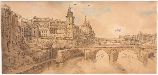 Eine Auswahl von zwanzig der malerischsten Ansichten in Paris: Ansicht von Pont au Change, dem Stadttheater, Pont Neuf, Conciergerie-Gefängnis, und aufgenommen von Pont Notre Dame
