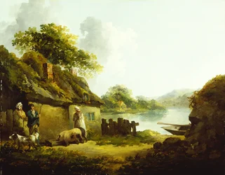 Eine Zigeunerfamilie vor einer Scheune in einer Landschaft