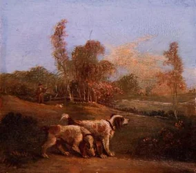 Spaniels in einer Landschaft mit Hüter