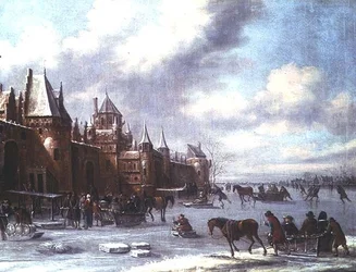 Niederländische Flussmündungsszene mit Schlittschuhläufern und einer Burg im Hintergrund