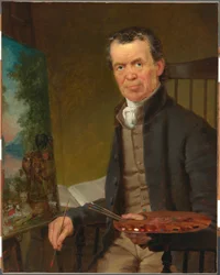 Porträt von Edward Hicks, der das Friedliche Königreich malt