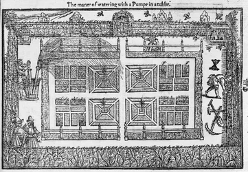 Die Art des Bewässerns mit einer Pumpe in einem Fass, aus The Gardeners Labyrinth, 1577