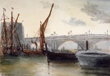 Ansicht der Blackfriars-Brücke mit Booten im Vordergrund, London, ca. 1835
